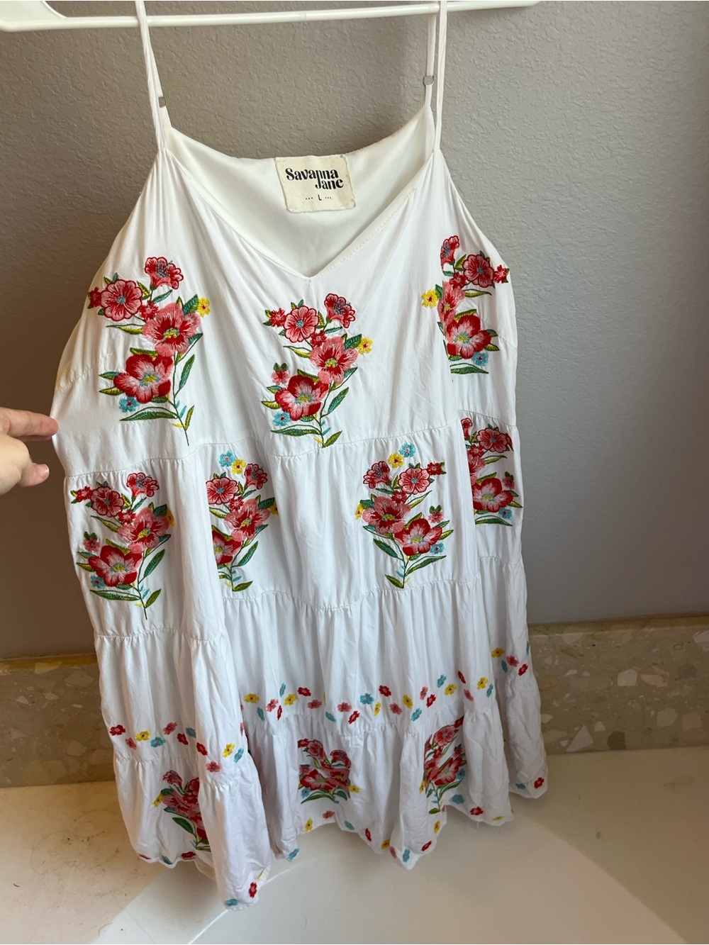 Savanna Jane White Embroidered Rayon Mini Dress Sz L Flowy Like New